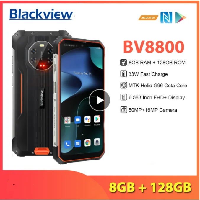 

Global version BLACKVIEW BV8800 Smartphone 8GB+128GB Helio G96 50MP Mobile Phone 8380mAh 33W Fast Charge 6.58 Inch 90Hz Display