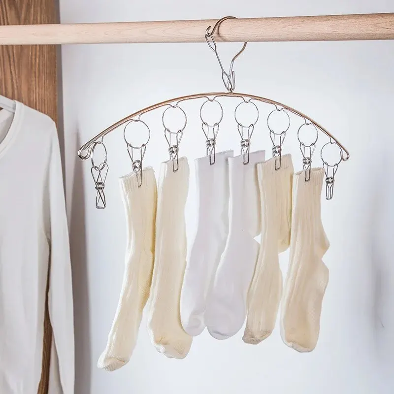 Clothes Drying Rack 1pcs Stainless Steel Sock Rack With Windproof Curved 8-Clip Solid Multifunctional Dual-Purpose