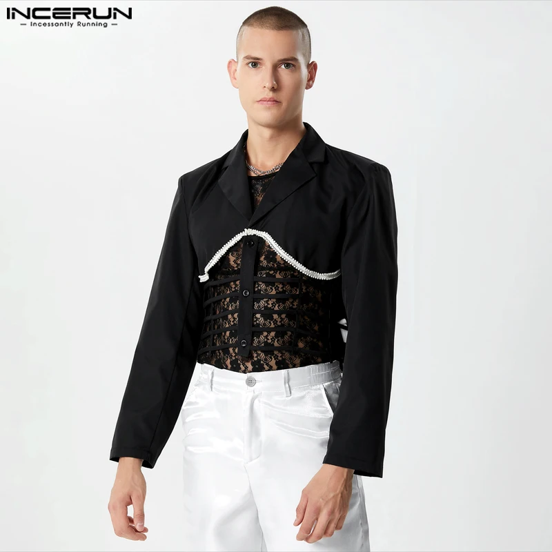 

Handsome Well Fitting Tops INCERUN Mens Pearl Ribbon Splicing Cropped Suit Coats Fashion Hollow Design Long Sleeved Blazer S-5XL