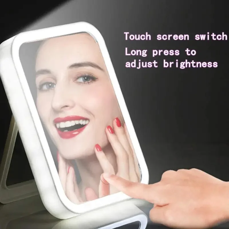LED Makeup Mirror Touch Screen 3 Light Portable Standing Folding Vanity Mirror 5X Magnifying Compact Cosmetics