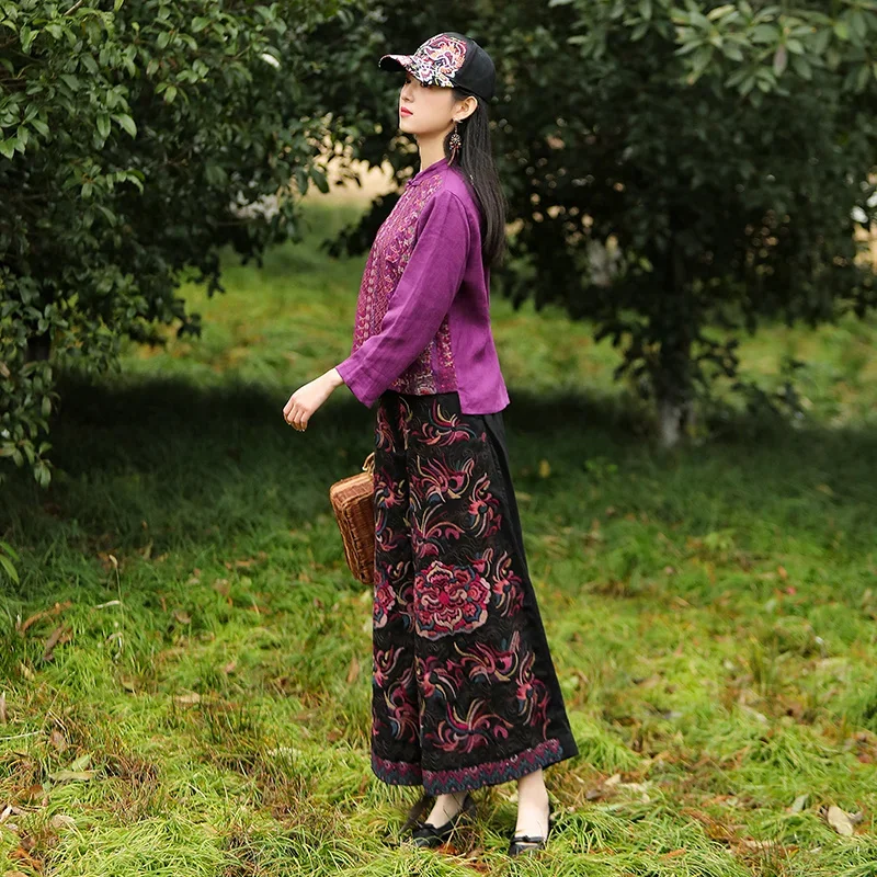 National Style Harajuku Vintage Black Cotton Linen Embroidered Women Wide Leg Trousers Elastic Waist Straight Skirt Pants Casual