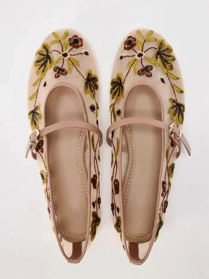 New Mesh Breathable Ballet Flats Women Luxury Designer Embroidered Flower Mary Jane Shoes Light Comfort Low Heeled Summer Flats 3