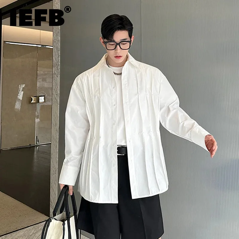 

Мужская рубашка IEFB в Корейском стиле с длинным рукавом, плиссированная однотонная однобортная рубашка с отложным воротником, летняя трендовая повседневная одежда, 9C5464, 2024