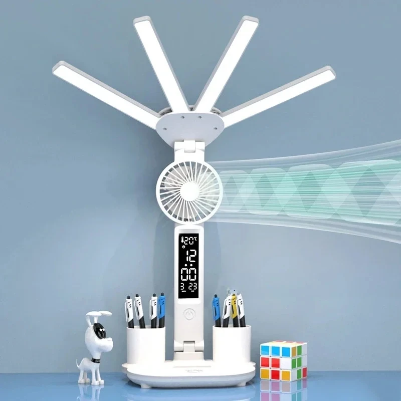 Rechargeable Table Lamp for Study, Desk Lamp Reading Light Led Table Light with Fan, Led Clock Dispaly Reading Lamp 1