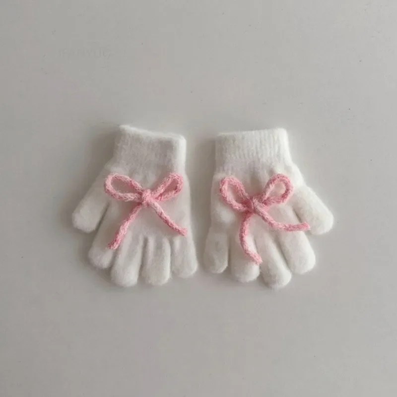 New Winter Cute Solid Color Bow Children Warm Gloves Girls Five Finger Gloves Korean Fashion Windproof Student Cycling Mittens 5