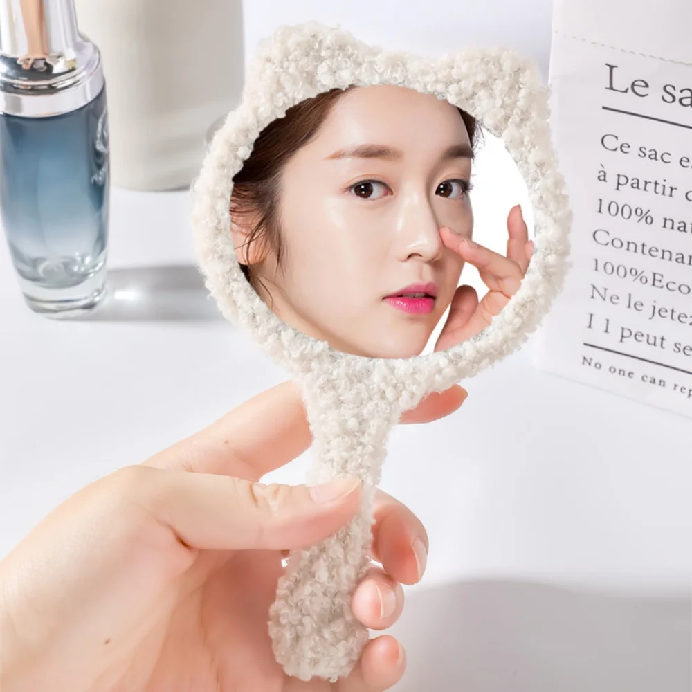 편안한 플러시 곰 손거울 라운드 데스크탑 화장 거울 휴대용 고화질 화장 거울 여성용