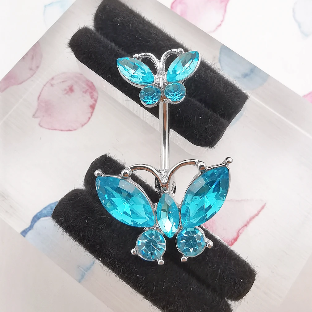 JHJT Shiny Double Butterfly Belly Button Rings Surgical Steel Exquisite Navel Ring Belly Ring Umbilical Piercing