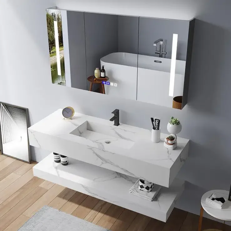 Modern Double Layers Wall Mount Wash Basin Cabinet Black Rock Slate Marble Sink Floating Bathroom Vanity