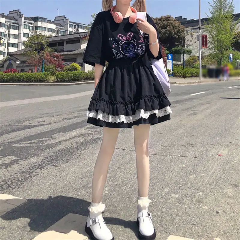 Japanese Sweet Lace Poached Cake Skirt High Waist Skirt Women's Summer Cute Short Skirt A-line Skirt Black Skirt images - 6