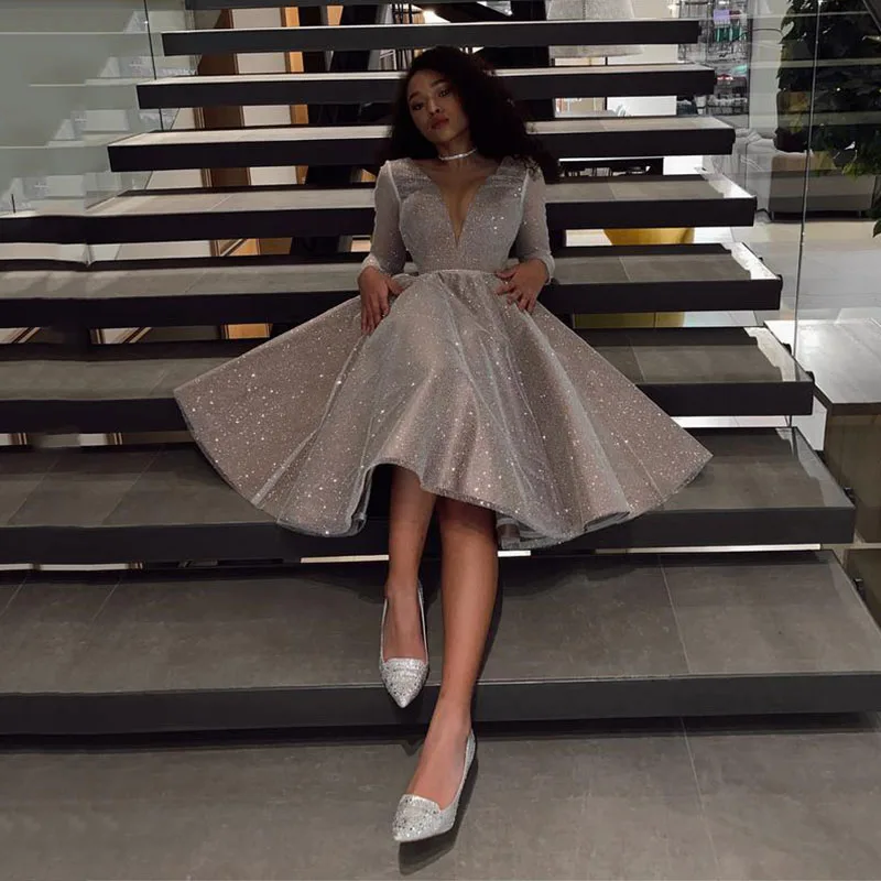 

Sparkling Evening Dress 2023 Robe Longue V- Neck Long Sleeves Medium Length Wedding Party Dress Prom Gowns