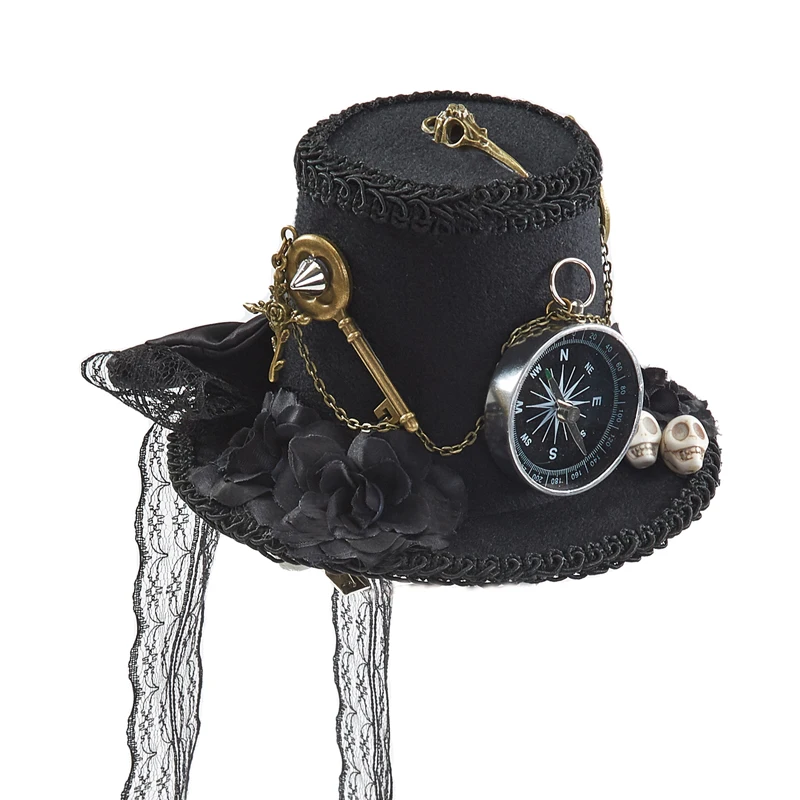 

Steampunk Gothic Key Mini Top Hat Vintage Retro Gears Compass Lolita Mini Hats Hair Clip Bowknot Rose Headwear Cosplay