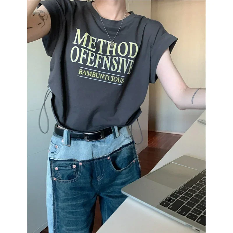 

Summer New Letter Printing Drawstring Short T Shirts Short Sleeve Solid Color Loose Sweet Tops Sexy Fashion Trend Women Clothing