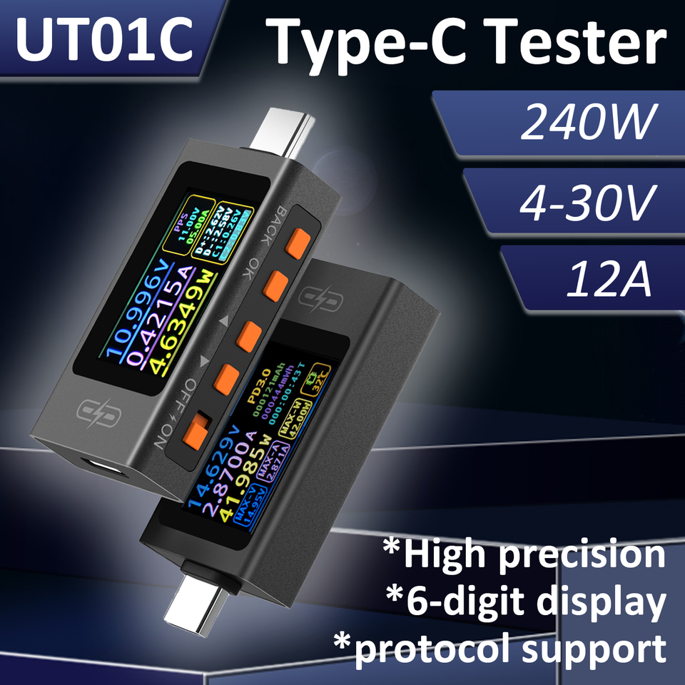 UT01C Type-C Tester Current Voltage Monitor DC 4-30V 12A Power Meter Protocol Detector HD IPS Display Type C Fast Charging Meter