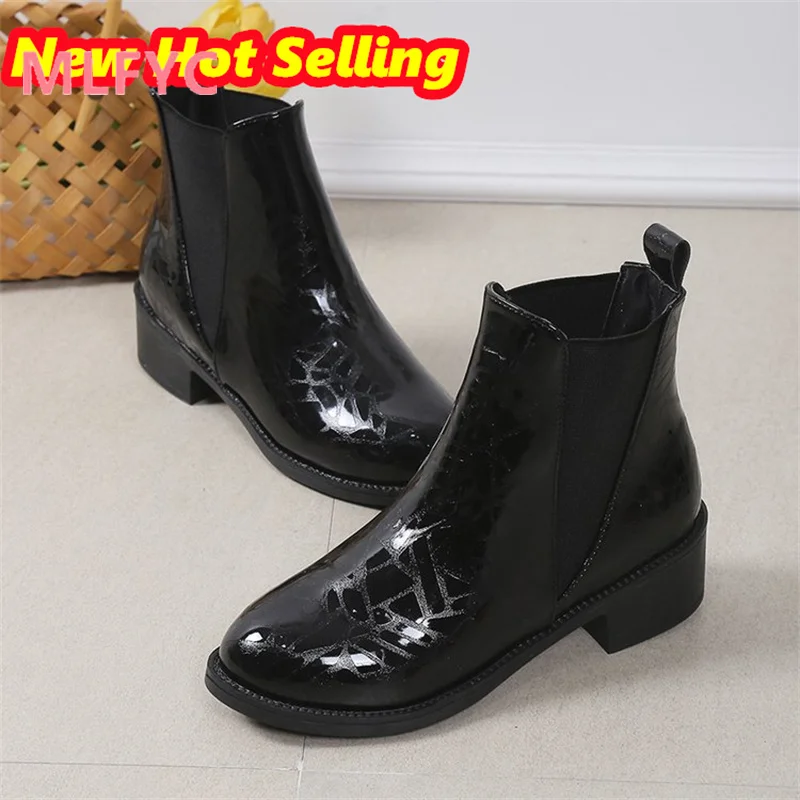 Women's Fashion Boots New Large Short Barrel Autumn/Winter European Round Toe Patent Leather Single Boot Thick Heels
