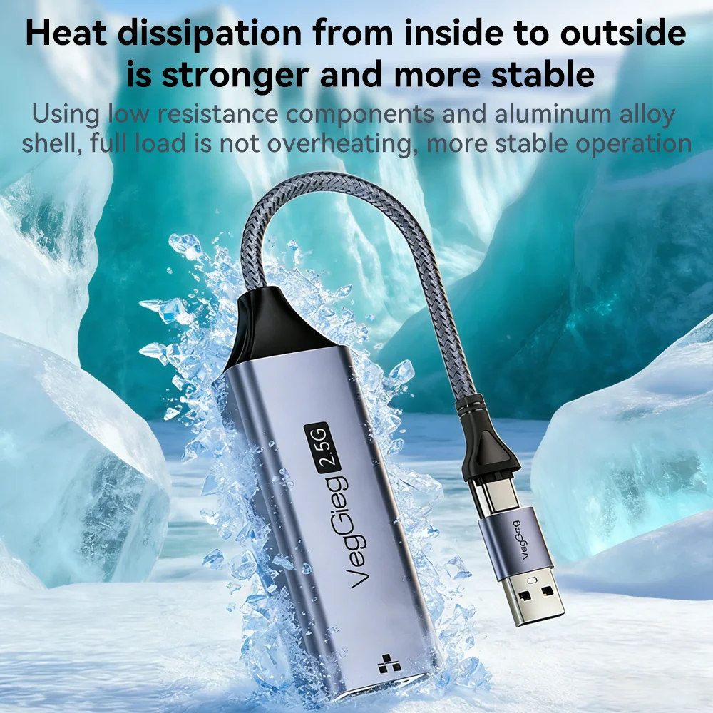 VegGieg 2.5G 이더넷 어댑터 USB-C/USB 3.0 - RJ45 LAN 네트워크 카드 노트북 PC용 2500Mbps 속도
