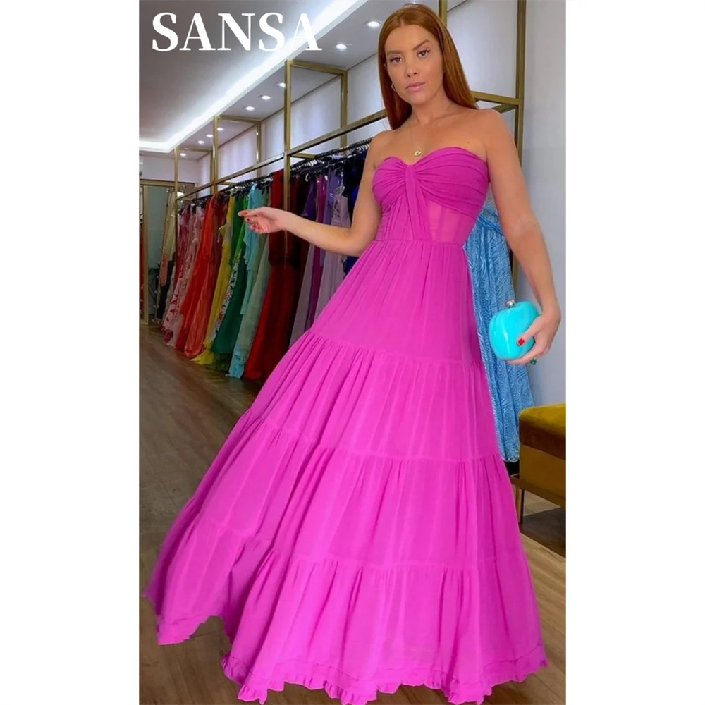 

Sansa Pink Strapless A-line فساتين السهرة Sexy Sleeveless Prom Dress Multilayer Vestidos De Noche Elegant Sweetheart Party Dress