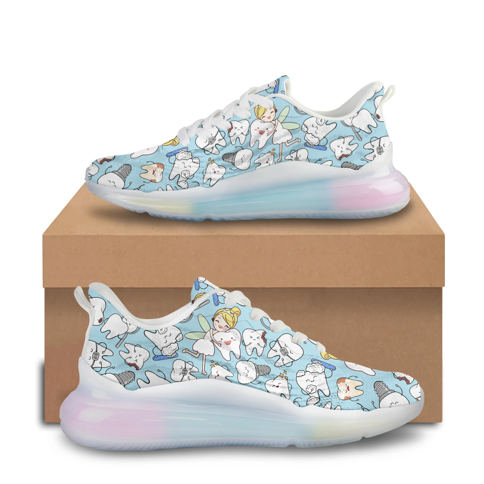 Lovely Dentist Cartoon Nurse Printed AF Cushion Shoes Mesh Breathable Outdoor Sport Sneakers Ainbow Gradient Color Thick Shoes