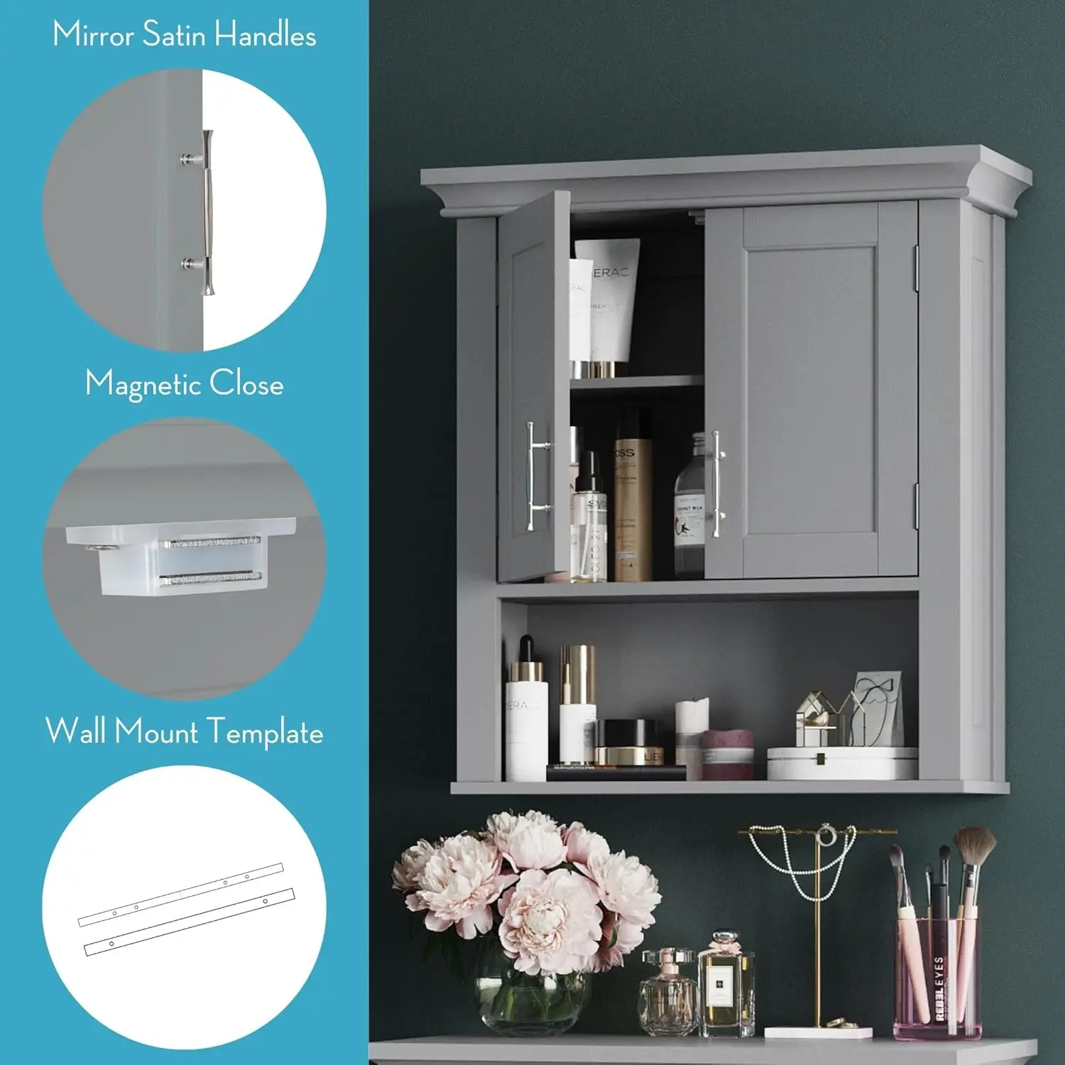 Somerset Two-Door Bathroom Storage, Gray Wall Cabinet, Grey, Set 1