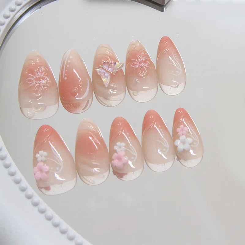Description Picture 4 of item24Pcs Sweet Short Almond French False Nails with Glue 3D Wave Nail Pattern Floral Pink Blush Press on Acrylic Nail Manicure Tips