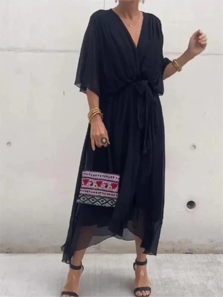 V-neck Bat Sleeves Strappy Irregular Dress Women's Fashion Summer Solid  Color Elegant Irregular Party Dresses Female - AliExpress 200000345