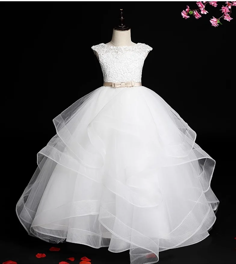 

IRIDESCENT Ball Gown Flower Girls Dress Little Girls With Sleeves For Wedding Party Lace Puffy Bow Princess Birthday Outfits