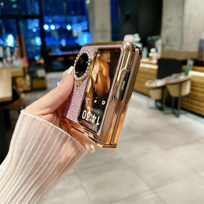 Rhinestone Glitter Bling Pu Leather Trim Phone Case For OPPO Find N3 Flip Hinge Plating Plastic Back Cover