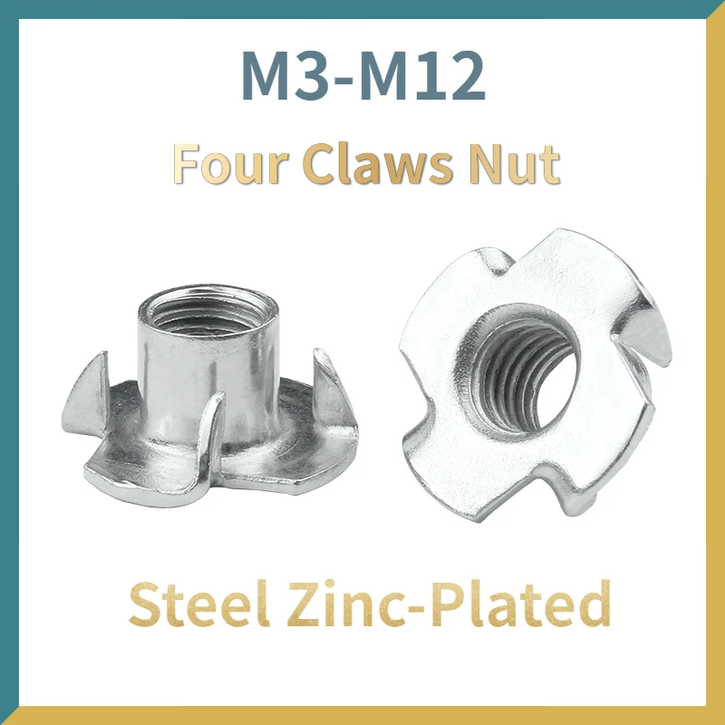 

10/ 20/ 50PCS Zinc Plated Four Claws Nut Speaker T-nut Blind Pronged Insert Tee Nut Furniture Hardware M3 M4 M5 M6 M8 M10 M12