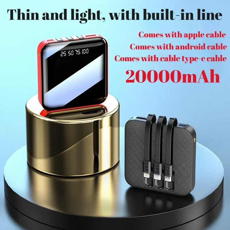 20000mAh Mini Power Bank with Cable Portable Charger Mirror Screen LED Digital Display Poverbank External Battery Power Bank 2