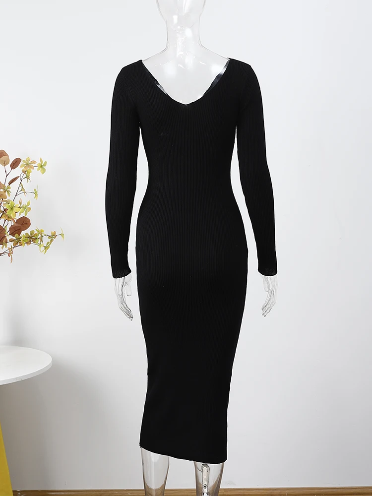 Women Knitted Long Dress Autumn Winter 2022 Elegant Pleated Aline Midi Dresses Female Vneck