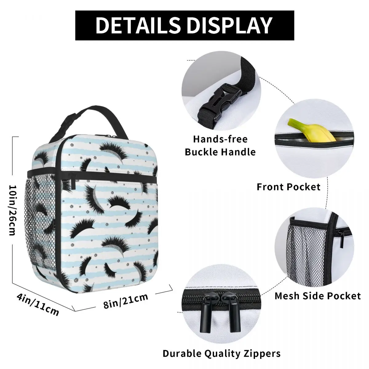 Eyelash Eyes Thermal Insulated Lunch Bags Silver Lashes Seamless Blue Stripes Portable Lunch Tote for Kid Multifunction Food Box