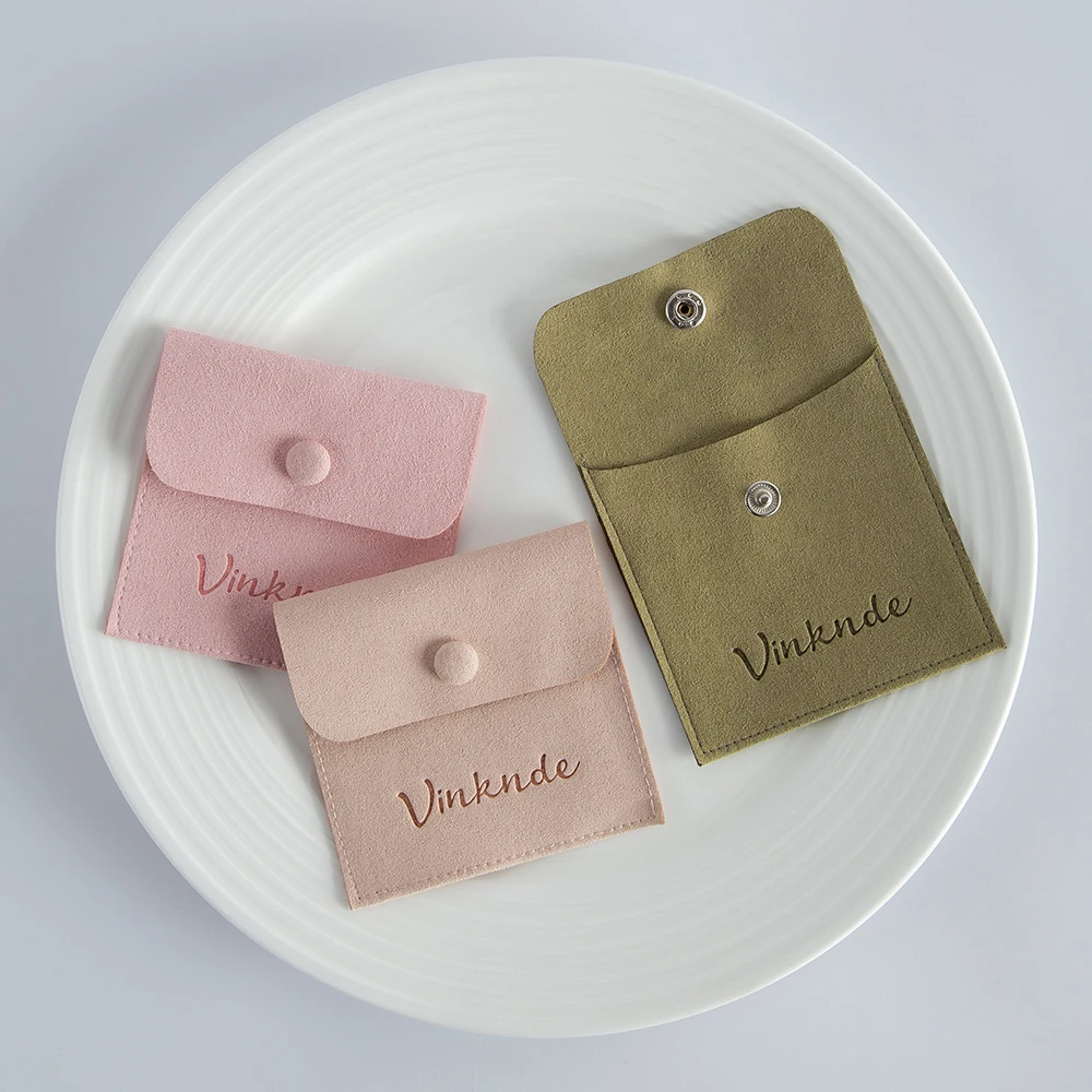 50 Personalized Logo Size Microfiber Jewelry Gift Pouch Velvet Snap Button Rings Earrings Packaging Organizer Wedding Favors Bag
