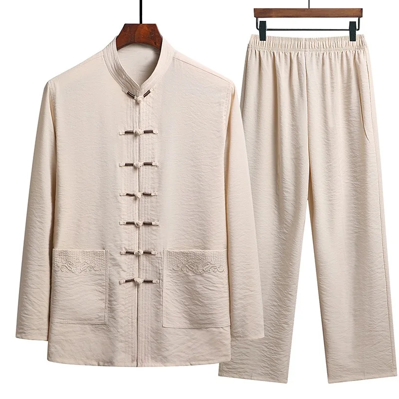 Tai Chi Clothing Set Man Fall Linen Buckle Kung Fu Shirt Oriental Retro Top Pants Breathable Hanfu
