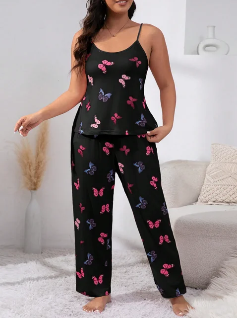 Ensemble de pyjama noir à imprimé papillon pour femme, haut précieux doux, pantalon long avec nœud, grande taille, sommeil confortable 6