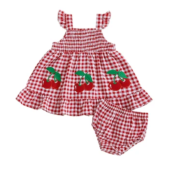 Summer Outfit Clothes Baby Girl Plaid Cherry Sleeveless Tunic T-Shirt Top and Shorts Bloomers Set 1