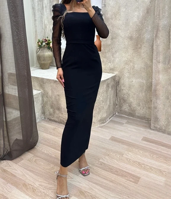 

Elegant Women's Long Dress 2023 Solid Color Long Sleeve Mesh Spliced Fashion Slim Sexy Temperament Hip Cover Dress Party Dress