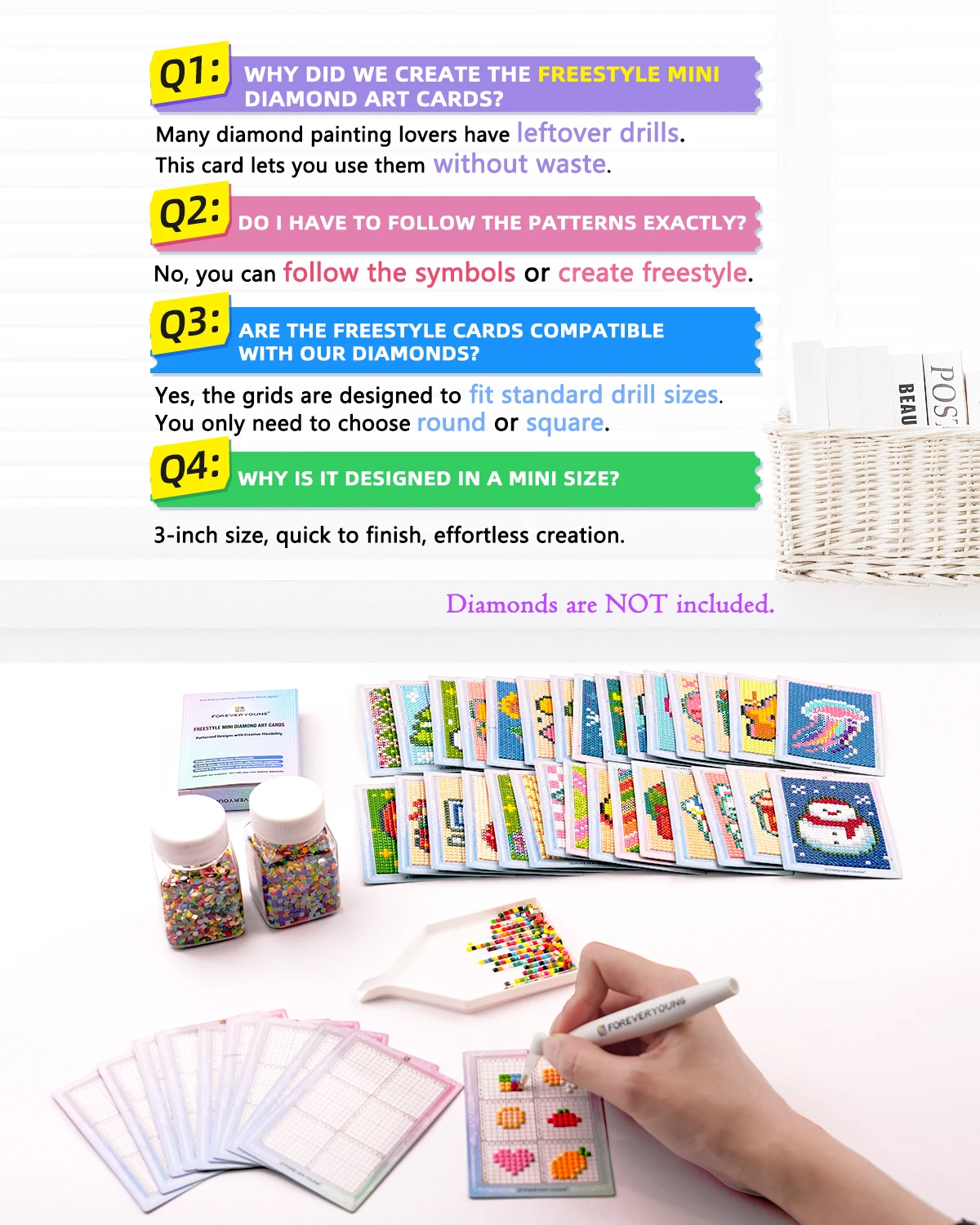 30개 귀여운 패턴 미니 다이아몬드 아트 카드, 2.5mm 정사각형 다이아몬드용 3인치 템플릿 카드, 잔여 드릴 DIY 수집용 카드
