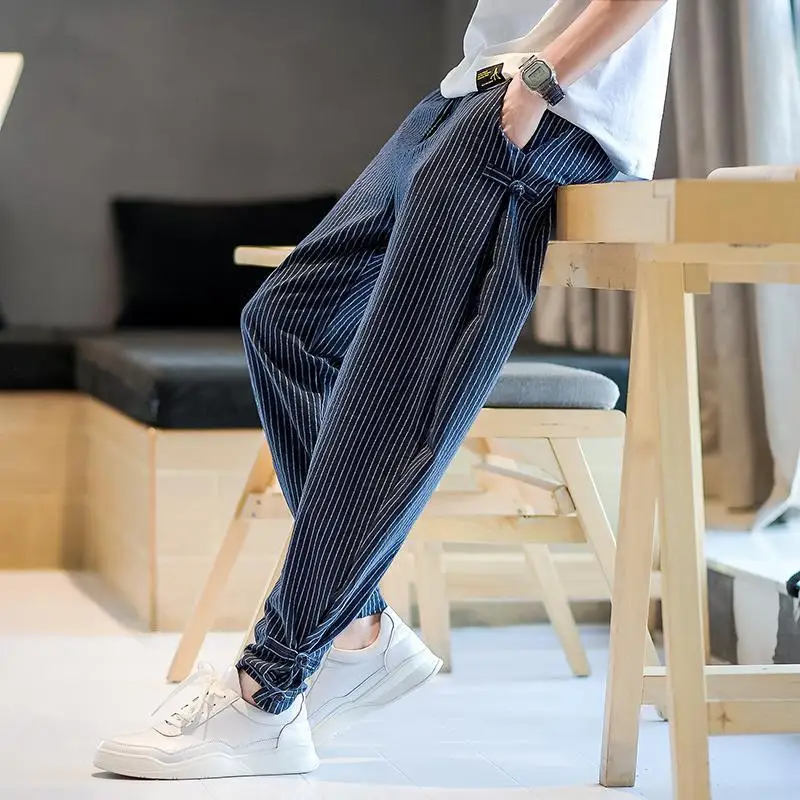 New 2024 Summer Boyfriend Thin Patchwork High Waited Elasticized Striped Pocket Drawstring Versatile Loose Sports Casual Pants