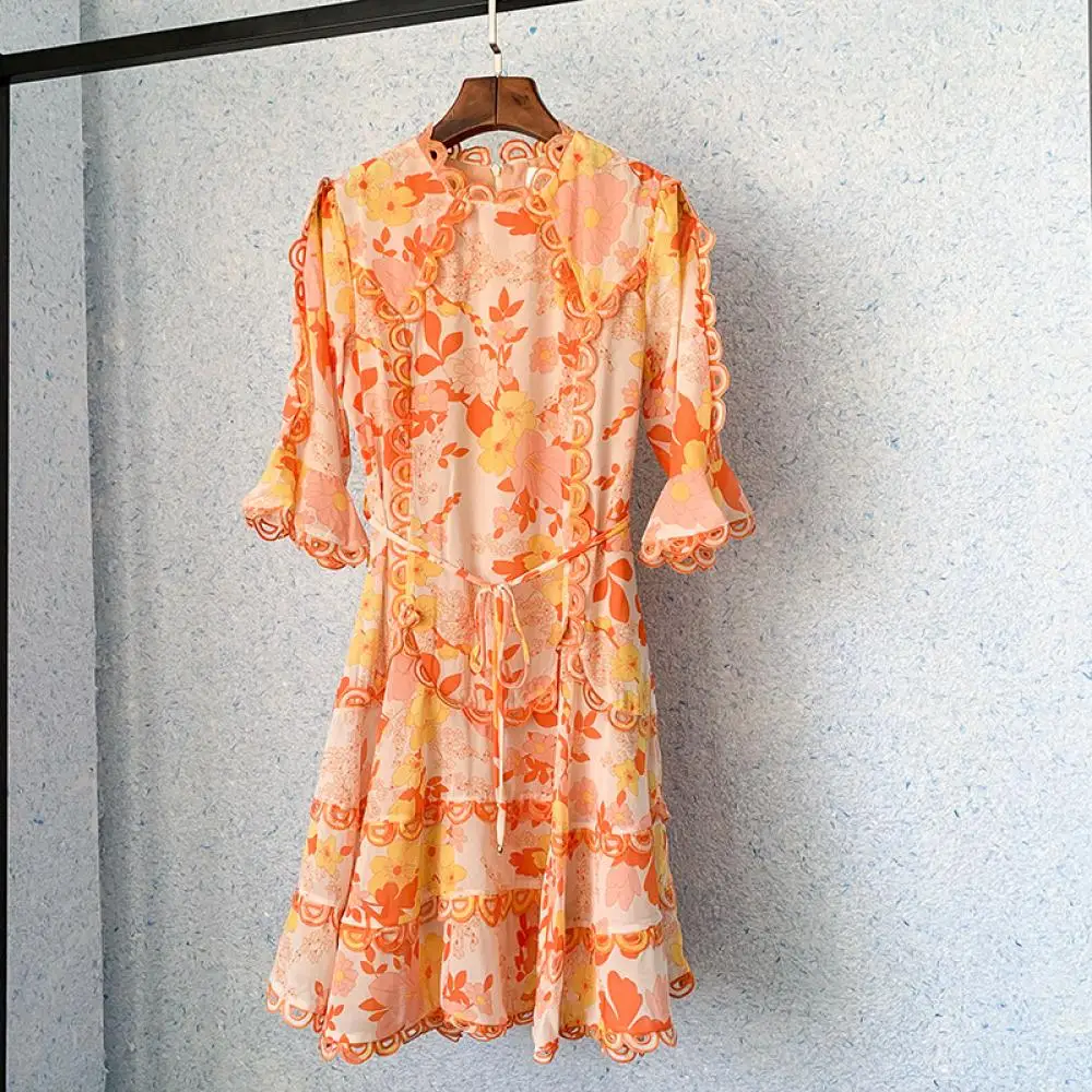 

Подиумное модное оранжевое короткое платье с цветочным принтом, женское праздничное облегающее платье с милой талией и оранжевым принтом, новая женская летняя одежда