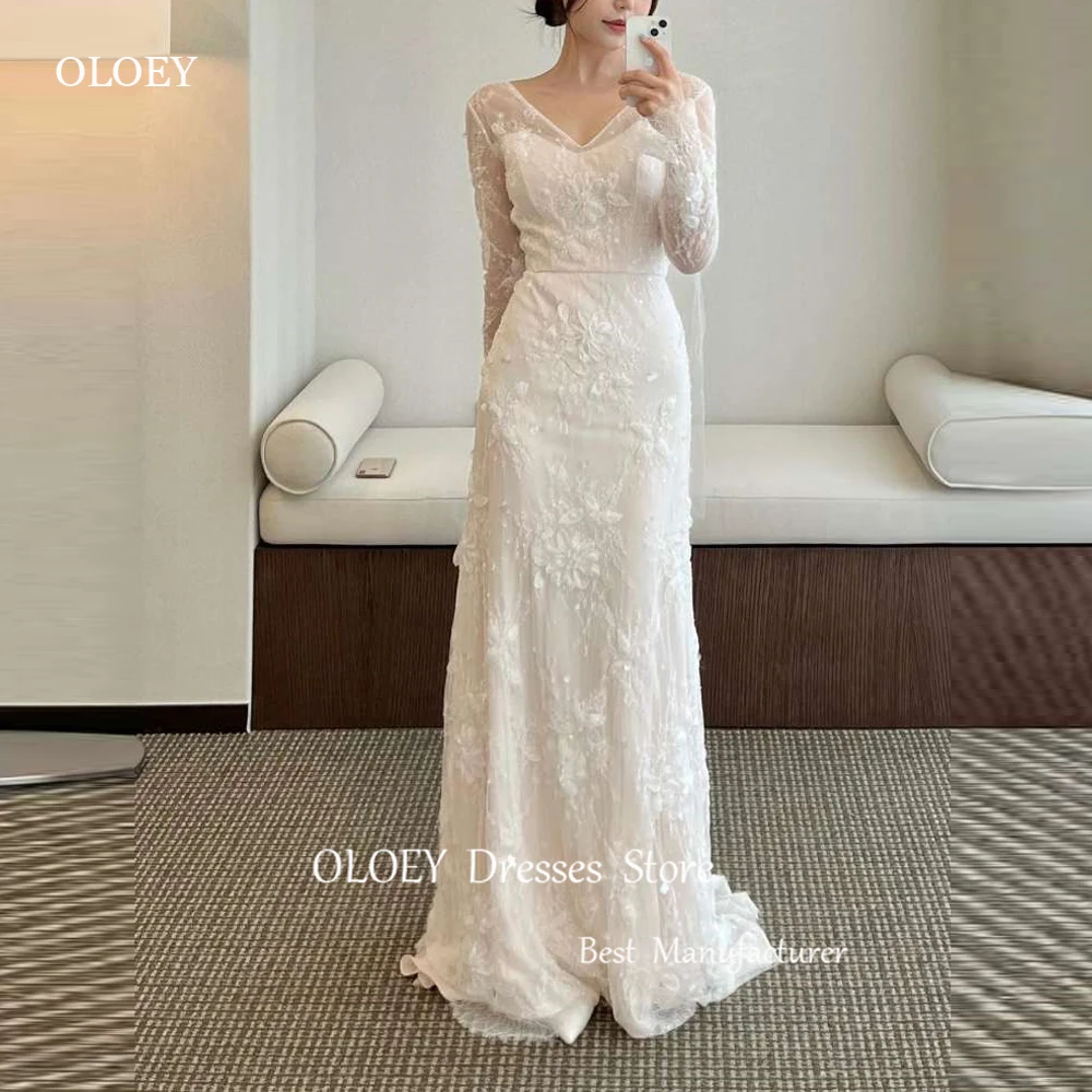 

OLOEY 2024 Elegant A Line Lace Korea Wedding Dresses Long Sleeves V Neck Corset Back Bridal Gowns Floor Length Photo shoot