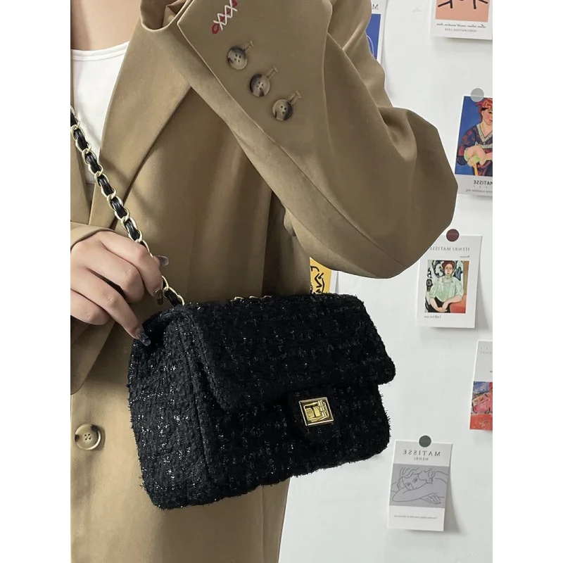 New autumn and winter fashion woolen diamond grid chain bag for women, single shoulder crossbody bag, fashionable handbag