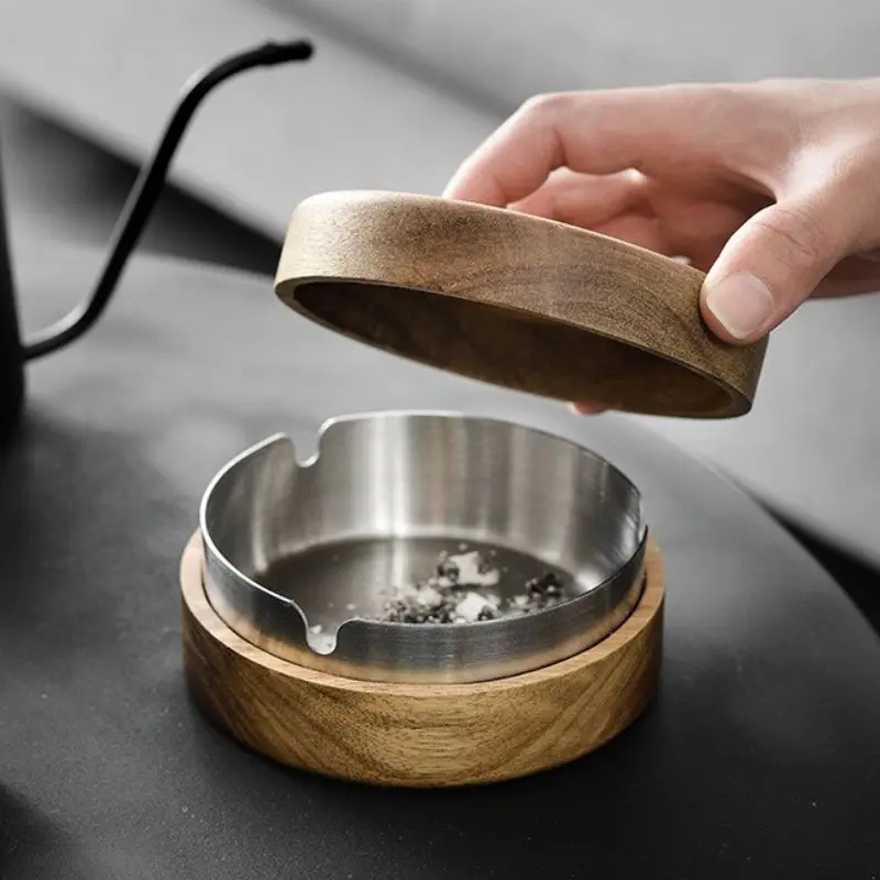 Walnut Wood Ashtrays With Lid Covered Windproof Ashtray With Stainless  Steel Liner Indoor Outdoor Ash Tray Home Desk Accessories