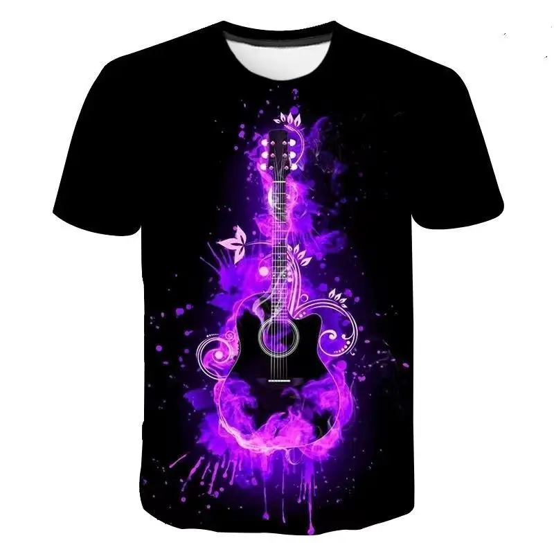 New guitar purple dream cool trend 3D printing T-shirt personality casual crew neck short sleeve men's T-shirt, women's T-shirt