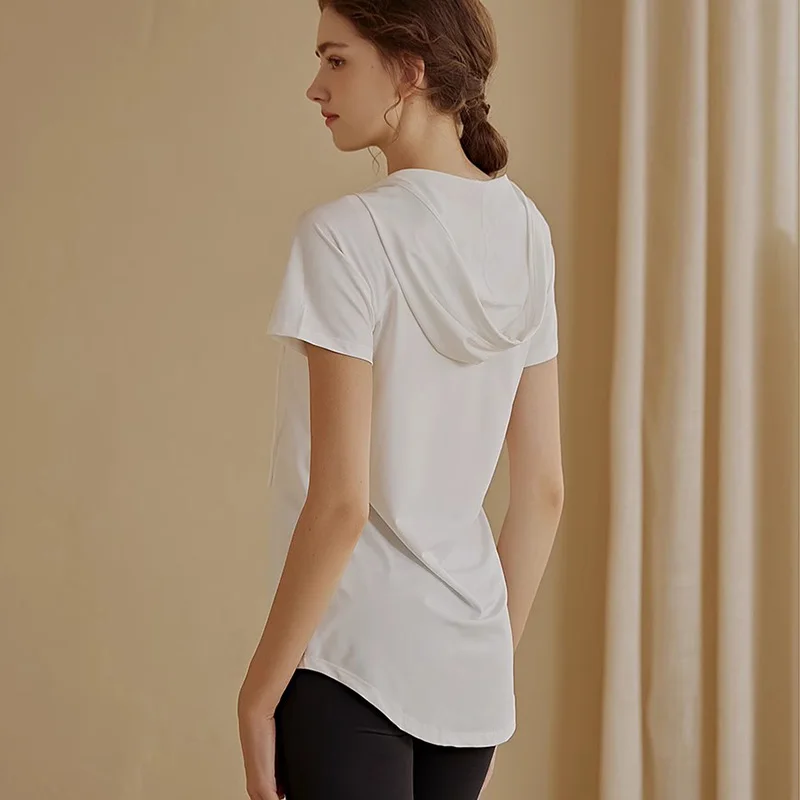 Sports T Shirt Short Sleeve Yoga Shirts Women's Drawstring Workout V-neck Sports Tops Fitness Hooded Tops Gym Training Shirts Female Sportswear