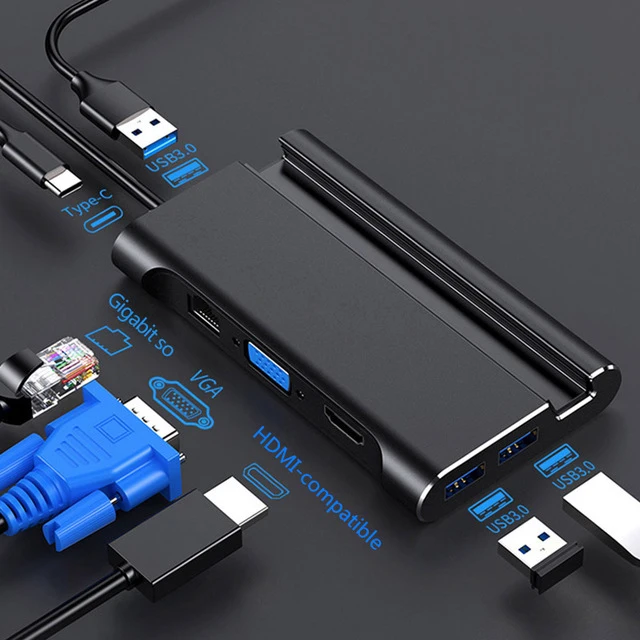 Docking Station Da Usb C A Usb3.0 Rj45 Vga Pd Ricarica Hdmi-Compatibile Per Docking Station Macbook Pro Hp C, Con Supporto Per Telefono