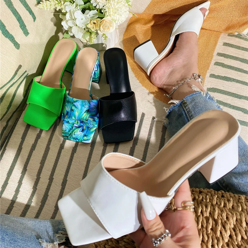 Kcenid Women Slippers Open Toe Square Heels Mules Concise Cozy Summer Outdoor Beach Slides Shoes High Heels Fashion Party Shoes