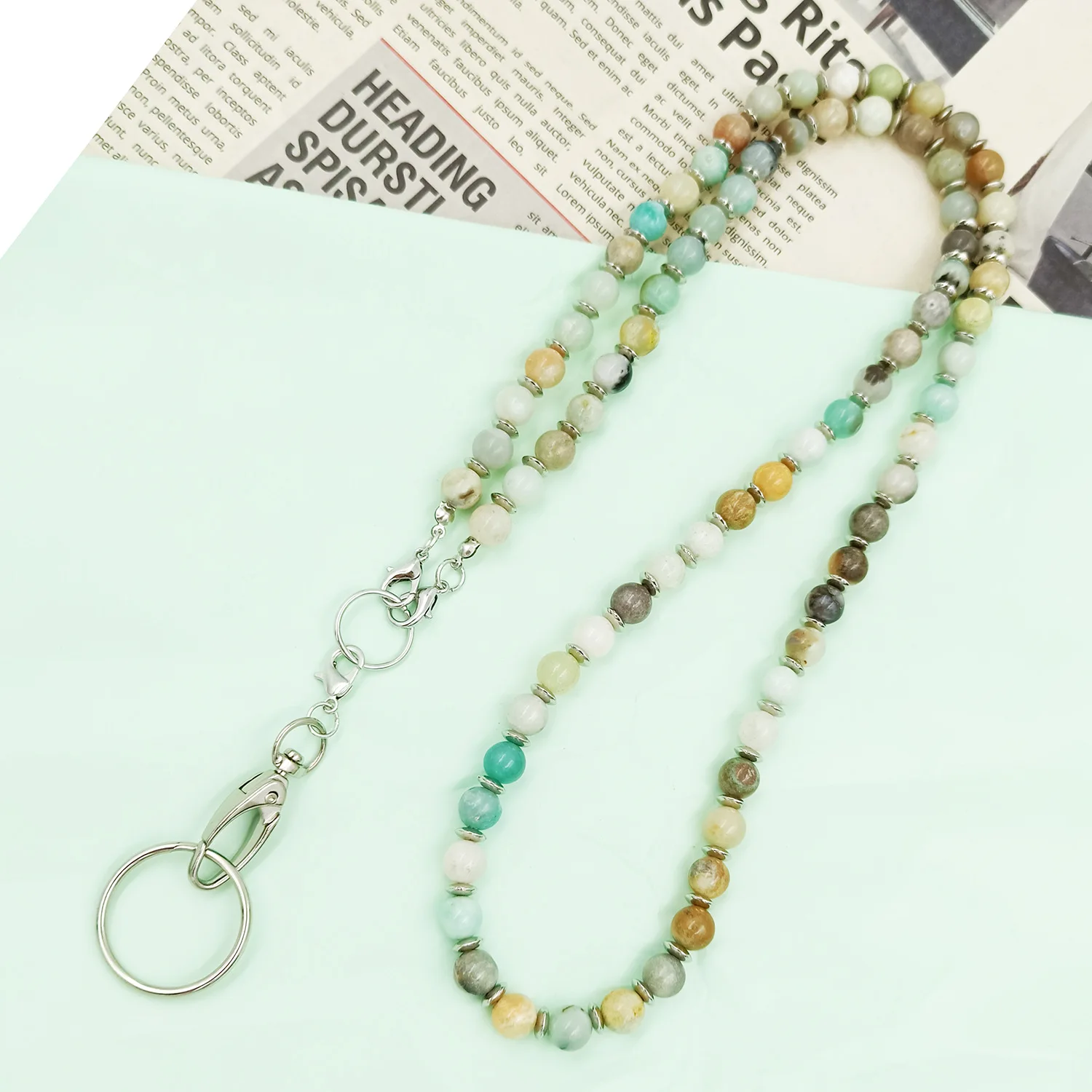 

Women Natural Amazonite Stone Beaded Fashion ID Badge Lanyard Holder Key Ring Eyeglass Chain Necklace With Retractable Reel