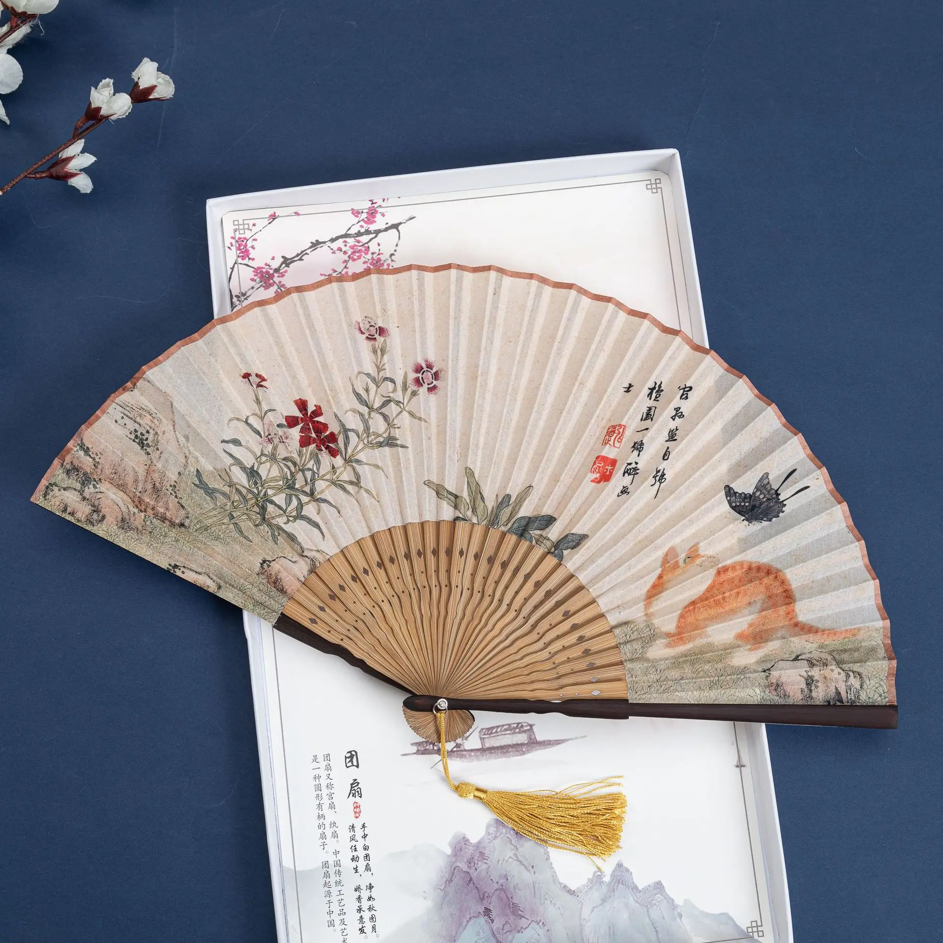 Retro Chinses Folding Fan Tassel Printed Cat Butterfly Flower Hanfu Fan Women Dance Hand Fans Photography Decoration Crafts folding fan,hand fan