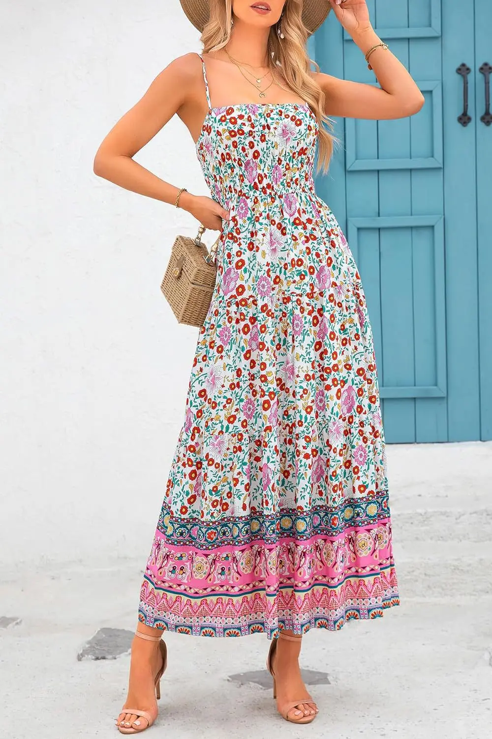 Vintage Flower Print Spaghetti Strap Dresses Women Fashion Trendy Bohemian Beach Vacation Long Dress Female Summer New Vestidos