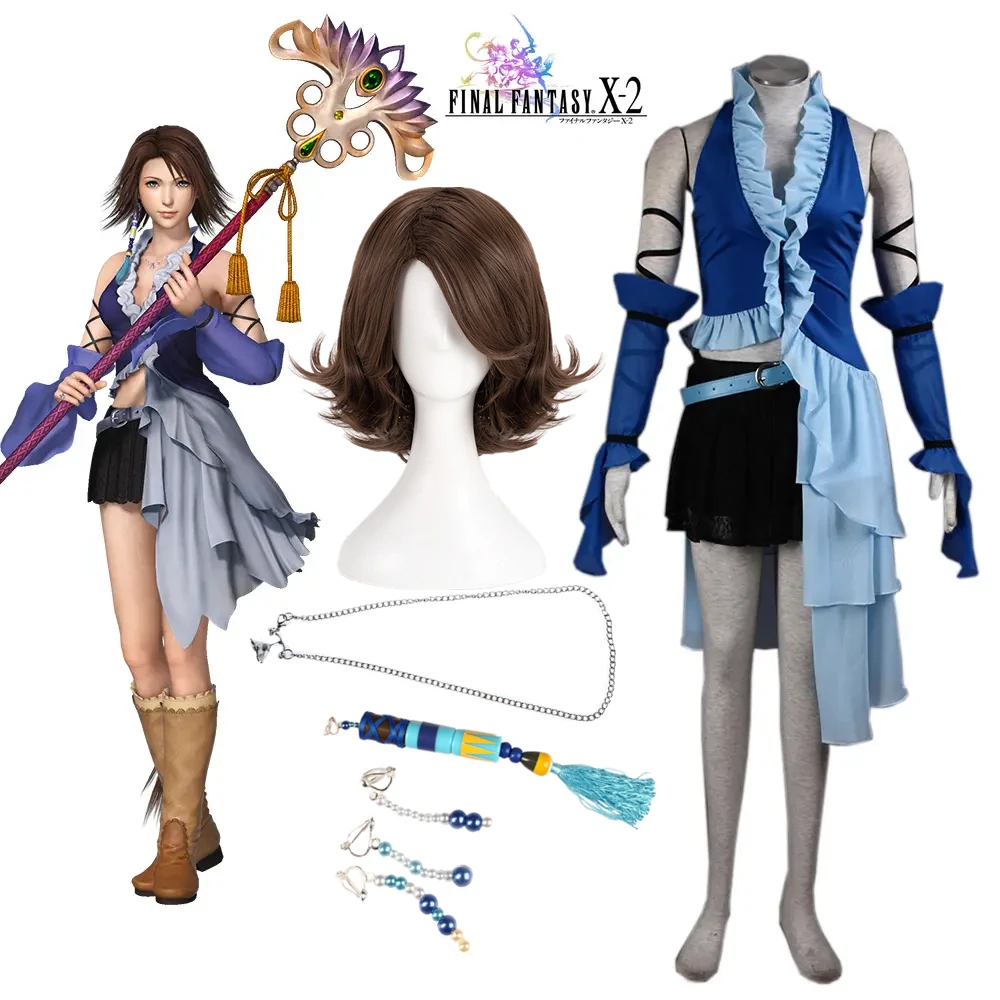 

Final Fantasy XII Cosplay Yuna Lenne Song Cosplay Costume Wig Earrings Set Halloween Blue Dress Custom Made