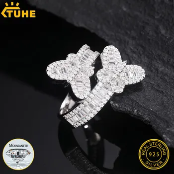 TUHE Unisex 925 Silver Butterfly Ring Moissanite Stone Iced Out Couple Rings for Women Men Hip Hop Gifts